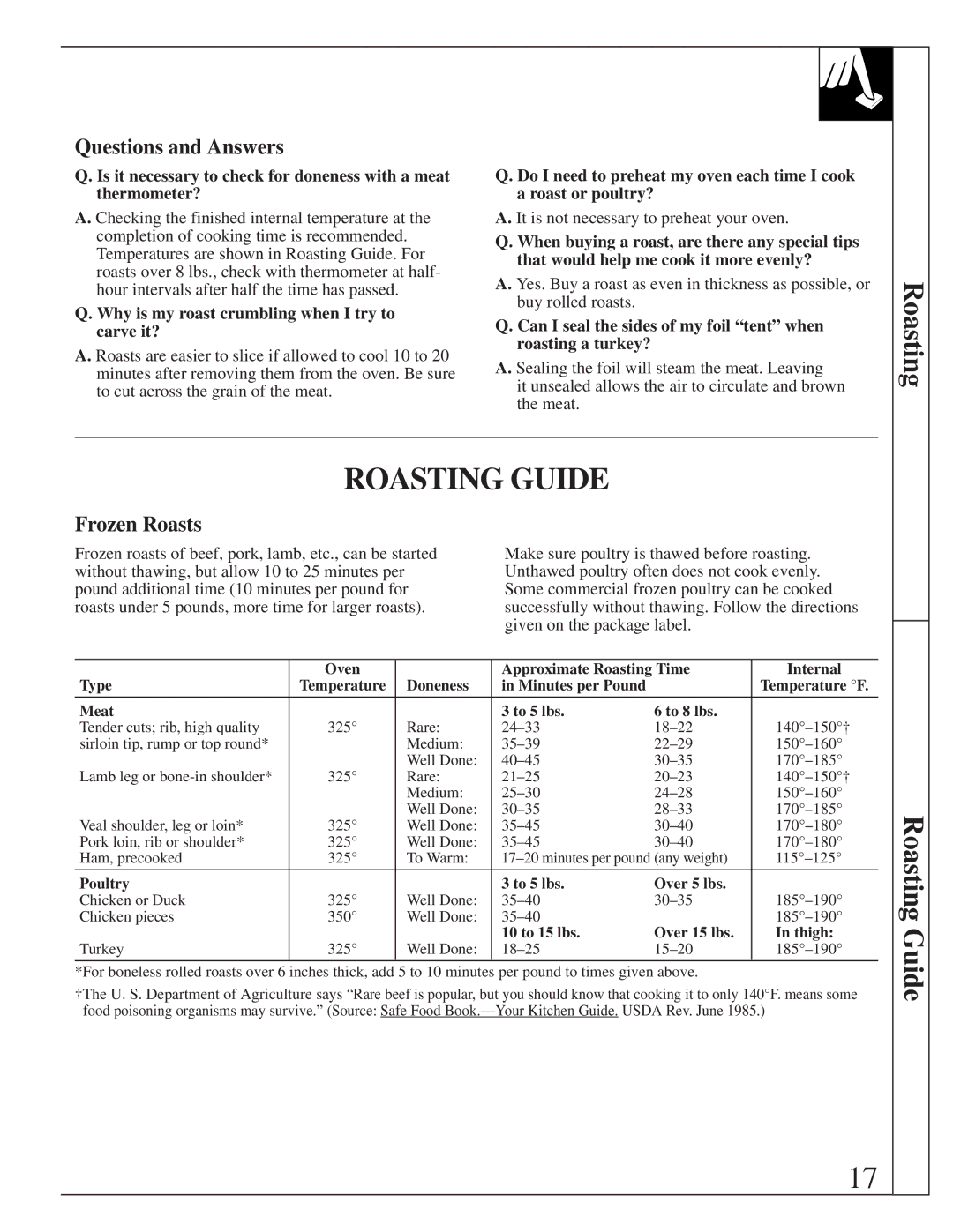 GE JBS05 manual Roasting Guide, Questions and Answers, Frozen Roasts, Why is my roast crumbling when I try to carve it? 