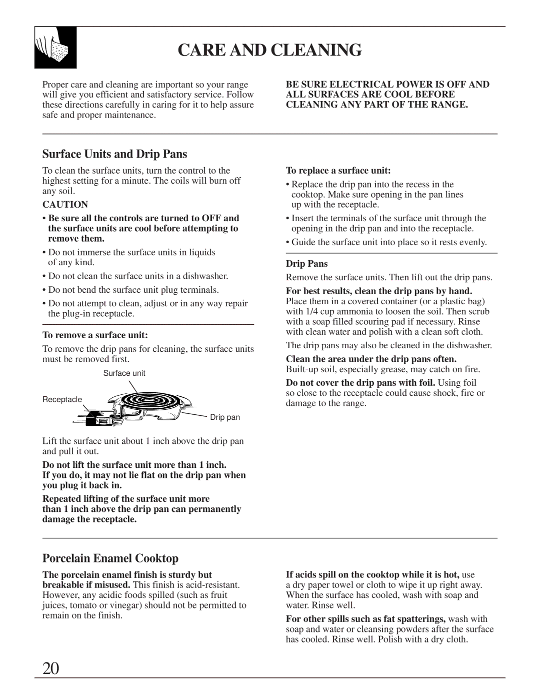 GE JBS05 manual Care and Cleaning, Surface Units and Drip Pans, Porcelain Enamel Cooktop, To remove a surface unit 