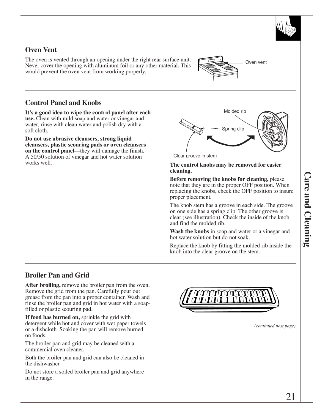 GE JBS05 manual Oven Vent, Control Panel and Knobs, Broiler Pan and Grid 