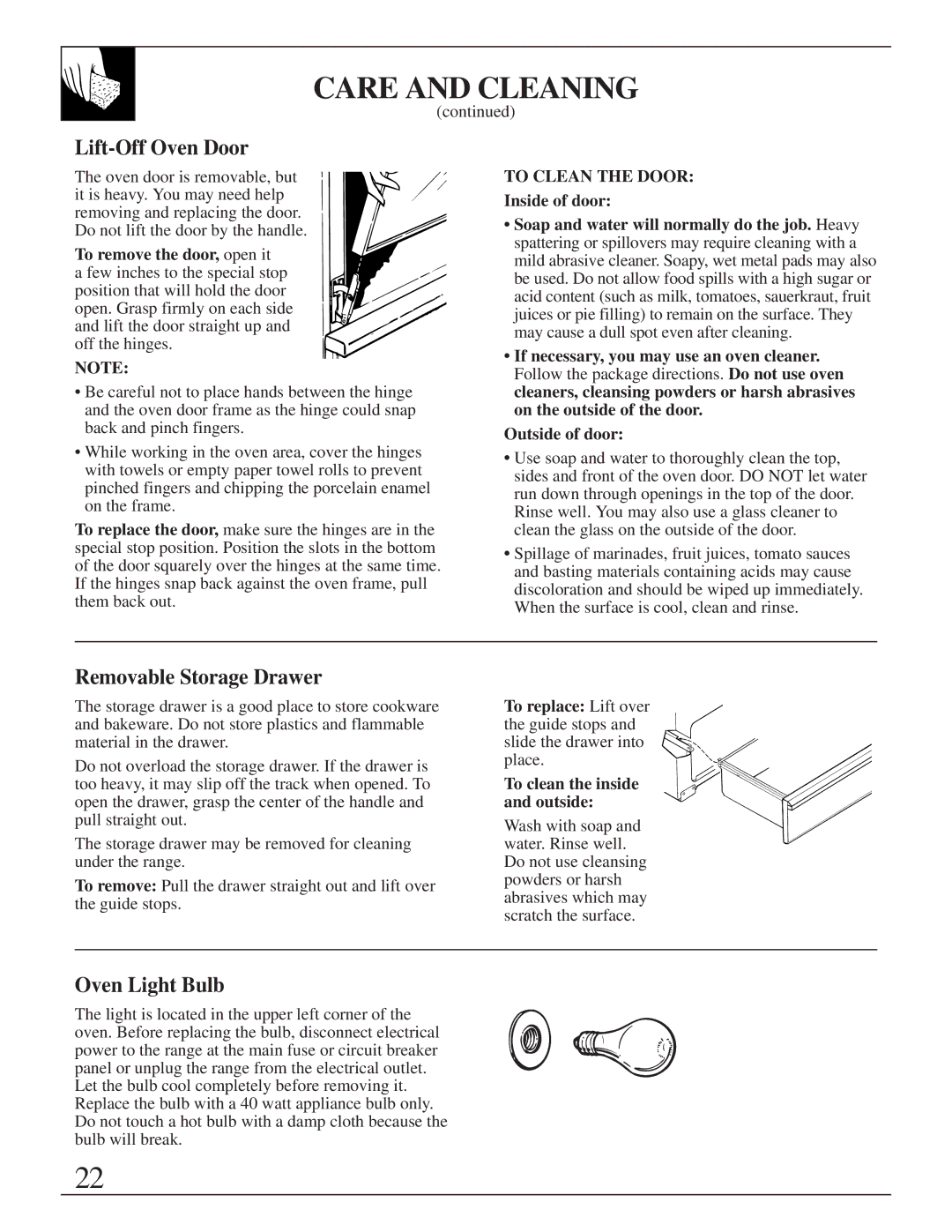 GE JBS05 manual Lift-Off Oven Door, Removable Storage Drawer, Oven Light Bulb, To remove the door, open it, Inside of door 