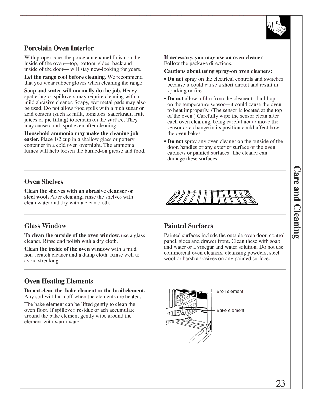 GE JBS05 manual Porcelain Oven Interior, Glass Window Painted Surfaces, Oven Heating Elements 