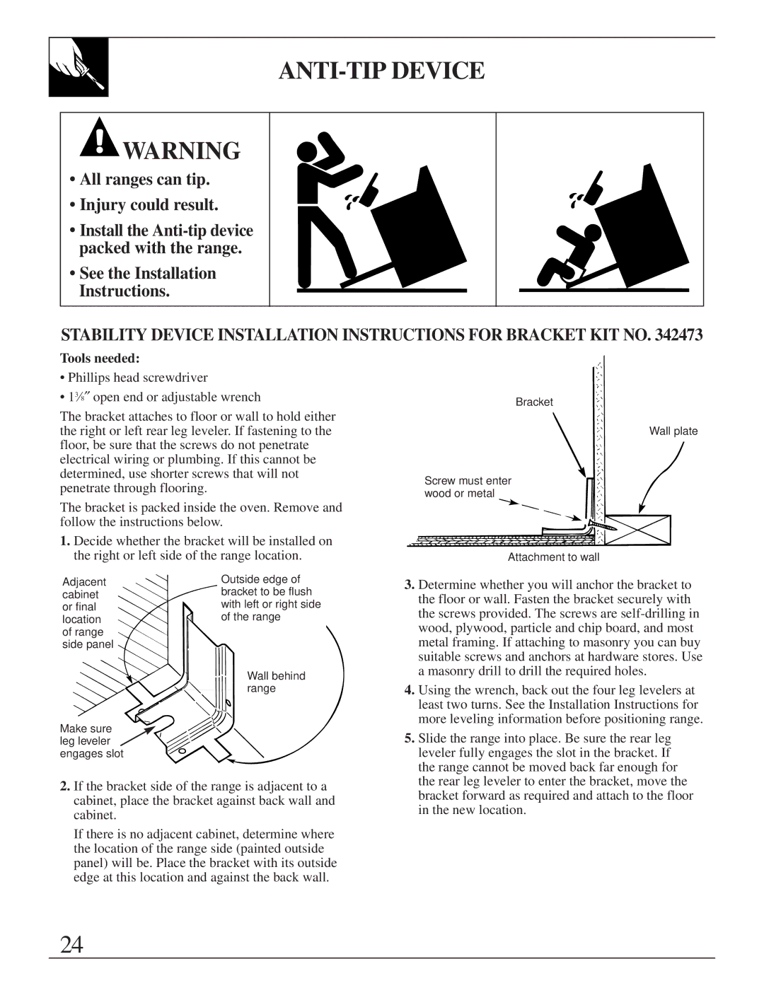 GE JBS05 manual ANTI-TIP Device, All ranges can tip Injury could result, See the Installation Instructions, Tools needed 