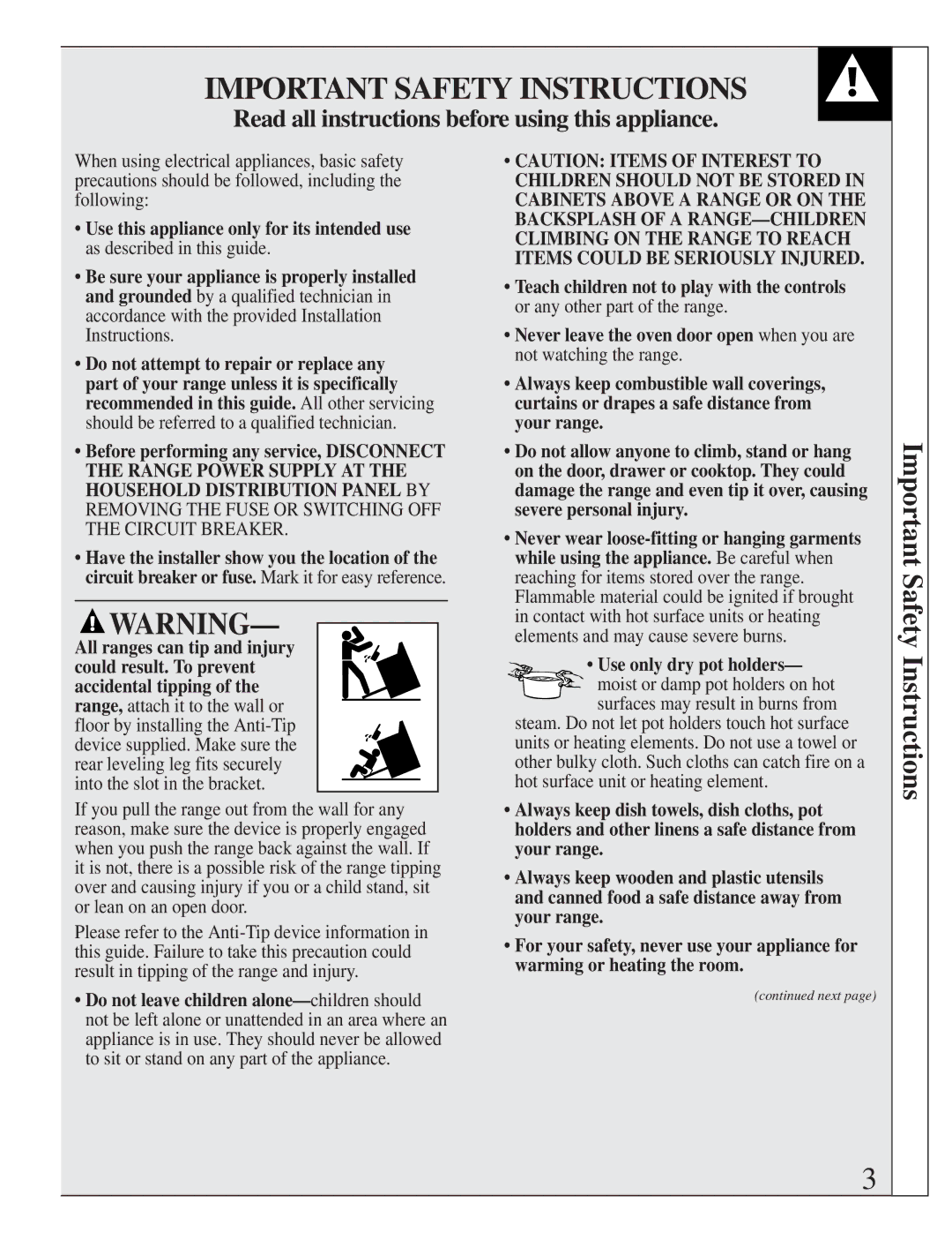 GE JBS05 manual Important Safety Instructions, Read all instructions before using this appliance 