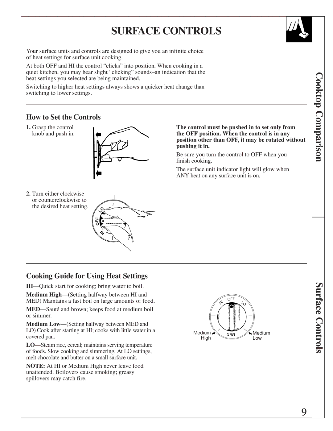 GE JBS05 manual Surface Controls, How to Set the Controls, Cooking Guide for Using Heat Settings 