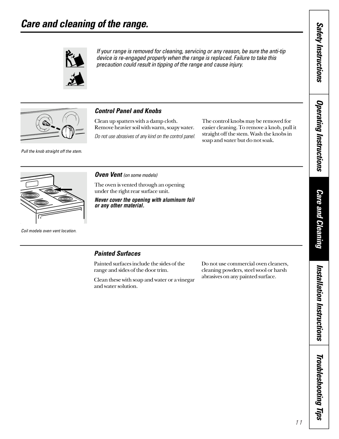 GE JBS08PIC owner manual Care and cleaning of the range, Safety Instructions, Control Panel and Knobs, Painted Surfaces 