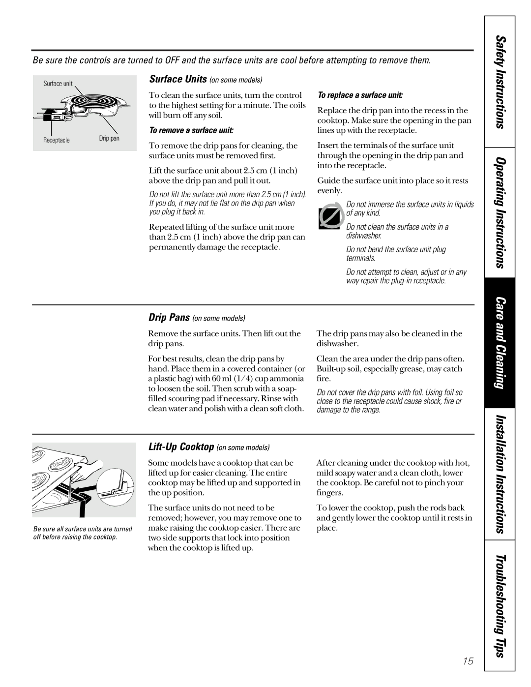 GE JBS08PIC owner manual Instructions Operating Instructions Care, Lift-Up Cooktop on some models, To remove a surface unit 