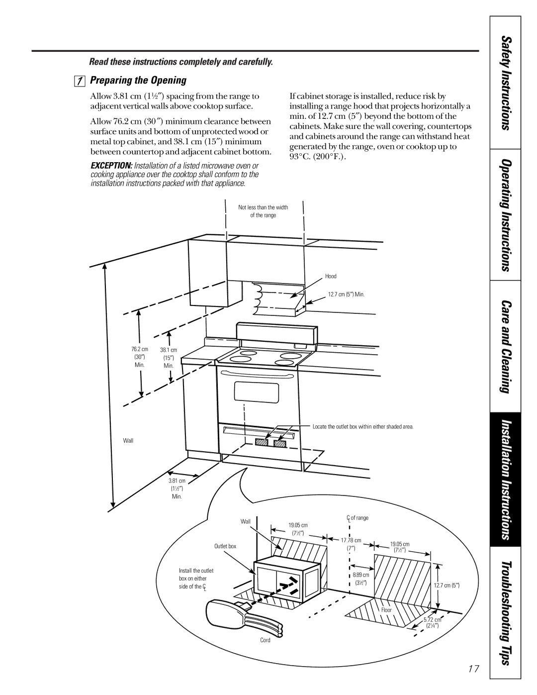 GE JBS08PIC owner manual Tips, Care and Cleaning Installation Instructions Troubleshooting, Preparing the Opening 