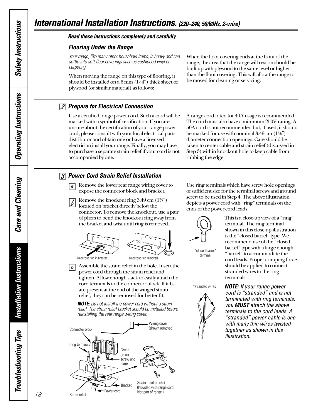 GE JBS08PIC owner manual Operating, Cleaning, Flooring Under the Range, Prepare for Electrical Connection 