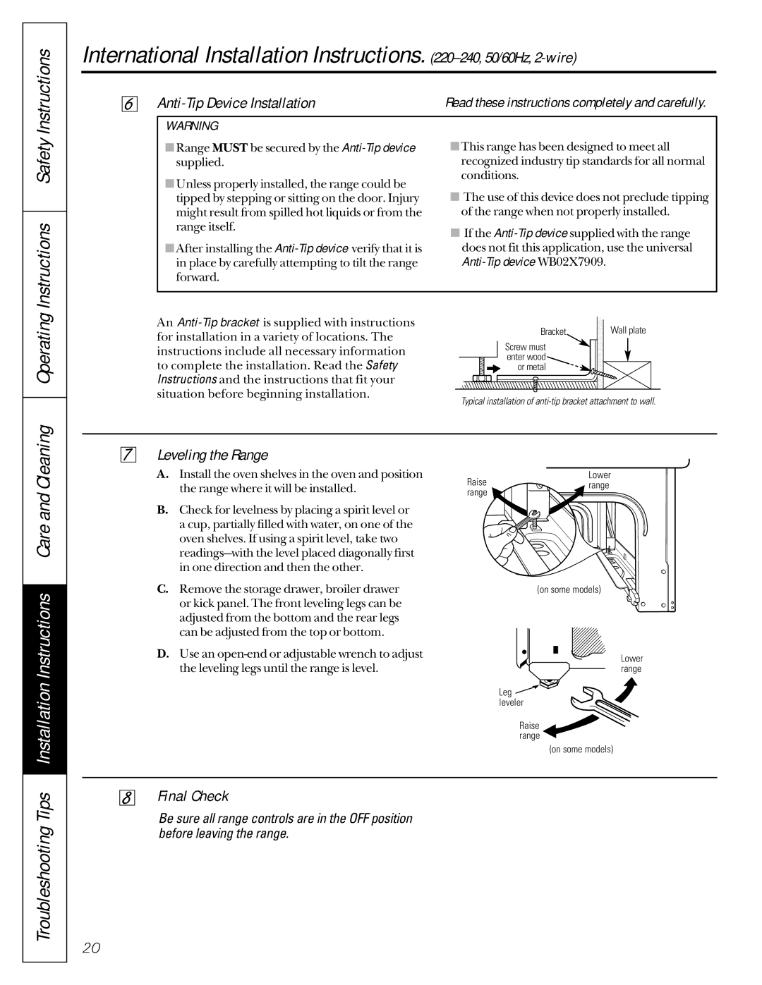 GE JBS08PIC Operating Instructions Safety Instructions, Anti-Tip Device Installation, Leveling the Range, Final Check 