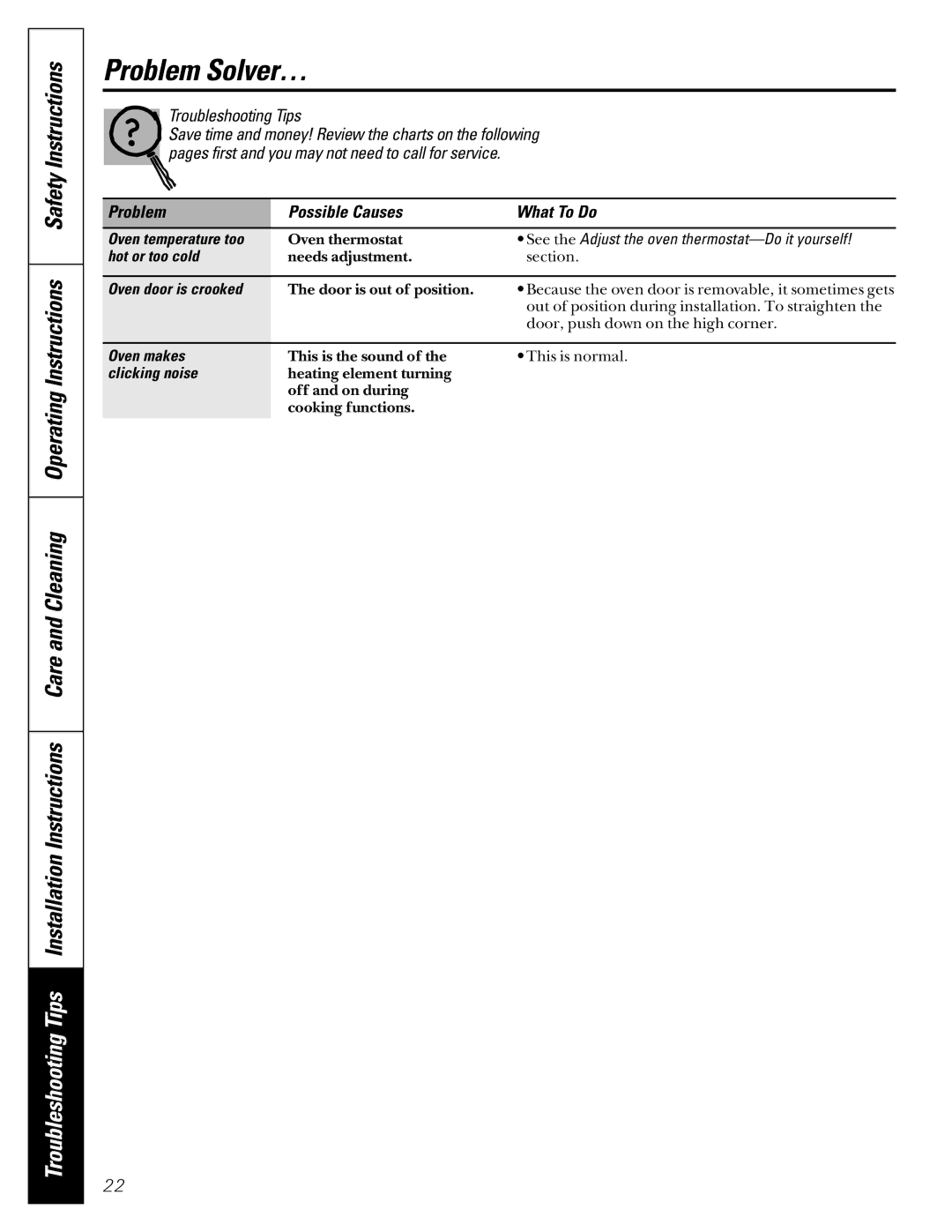 GE JBS08PIC owner manual Oven temperature too, Hot or too cold, Oven door is crooked, Oven makes, Clicking noise 