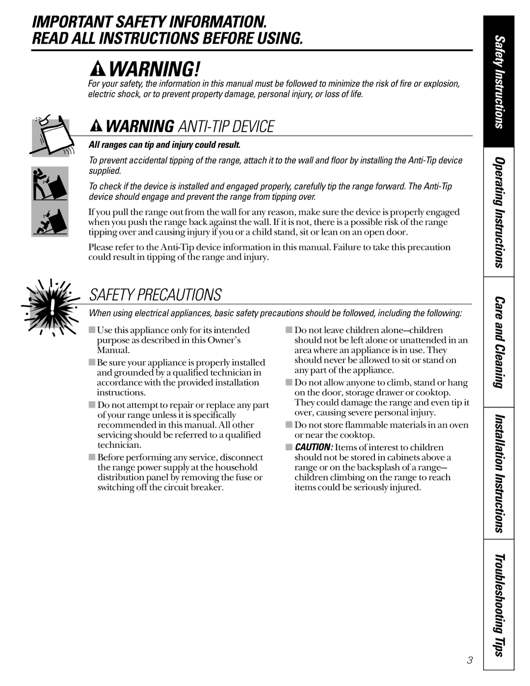 GE JBS08PIC owner manual Safety Precautions 