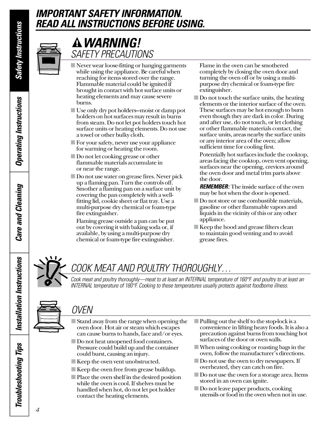 GE JBS08PIC owner manual Troubleshooting Tips, Care and Cleaning Operating Instructions Safety 