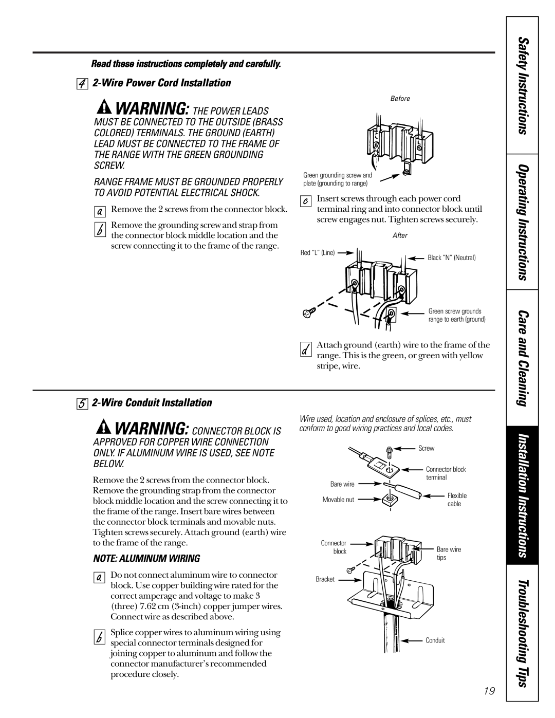 GE JBS08PIC owner manual Safety Instructions Operating Instructions Care and Cleaning, Wire Power Cord Installation 
