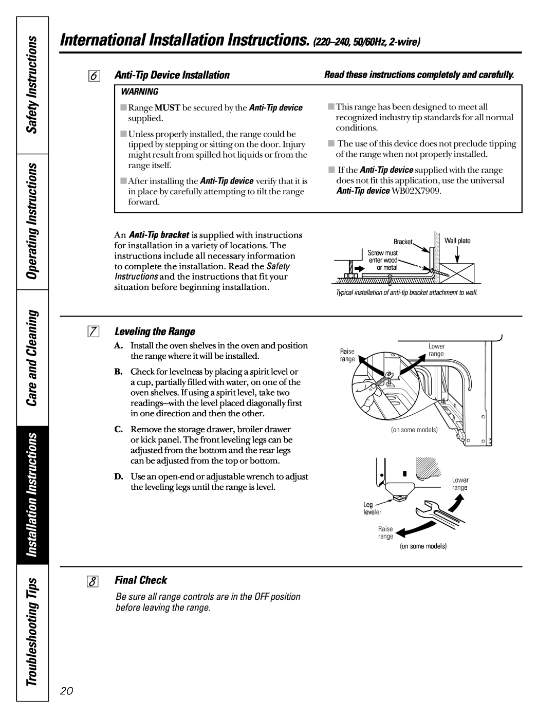 GE JBS08PIC Operating Instructions Safety Instructions, Installation Instructions Care and Cleaning, Leveling the Range 