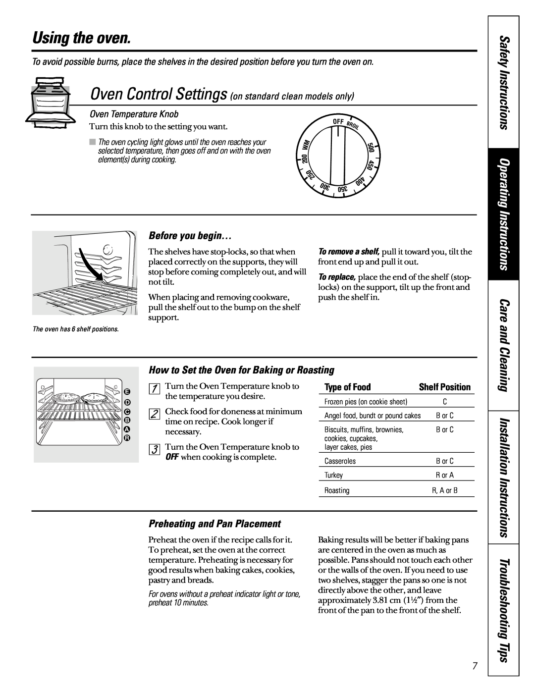 GE JBS08PIC Using the oven, Safety Instructions Operating, Instructions Care and, Before you begin…, Oven Temperature Knob 