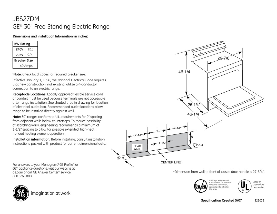 GE JBS27DM installation instructions GE 30 Free-Standing Electric Range, 29-7/8 46-1/4 26-1/4, Dimension from wal 