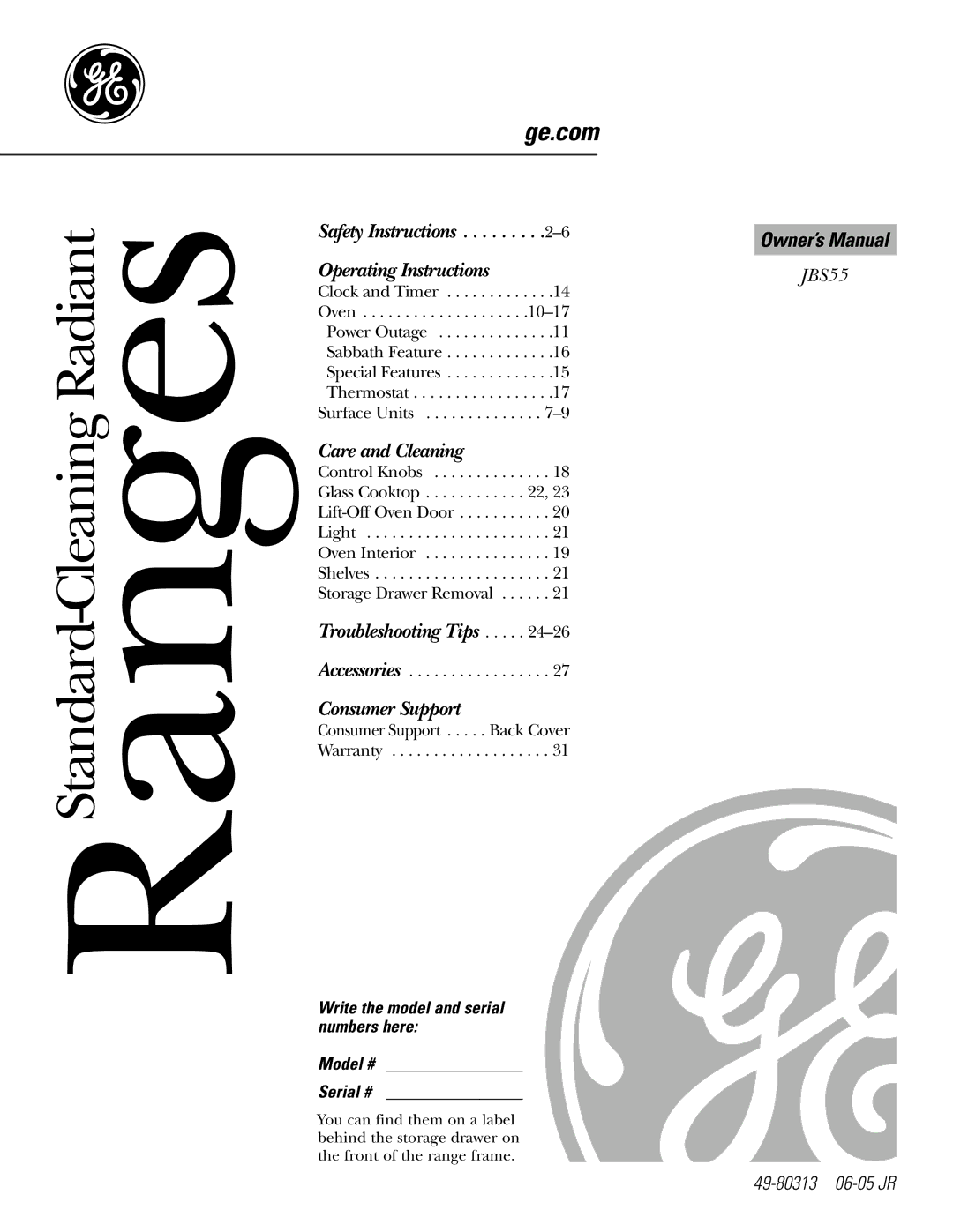 GE JBS55 owner manual RangesStandard-Cleaning Radiant, Write the model and serial numbers here Model # Serial # 