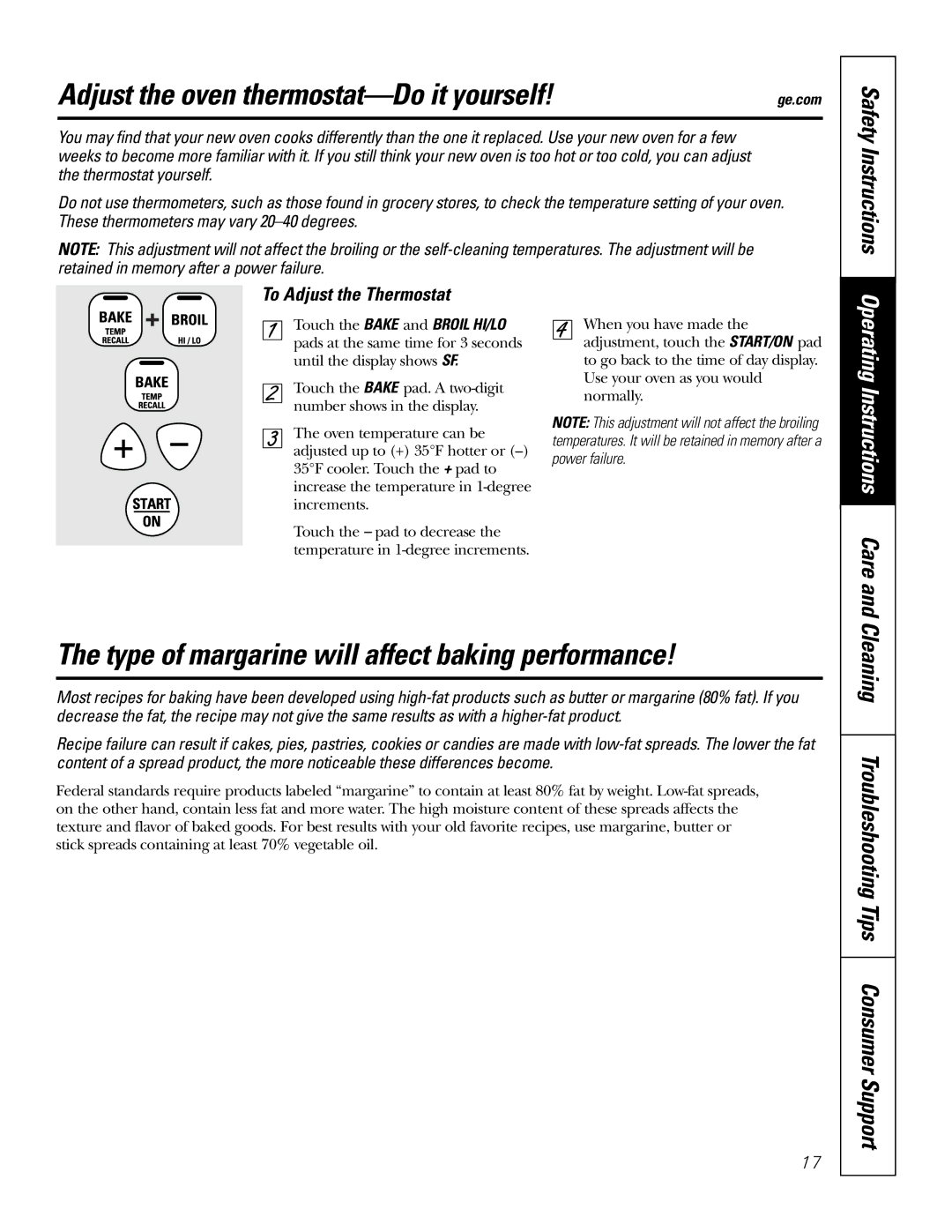 GE JBS55 Adjust the oven thermostat-Do it yourself, Type of margarine will affect baking performance, Safety Instructions 