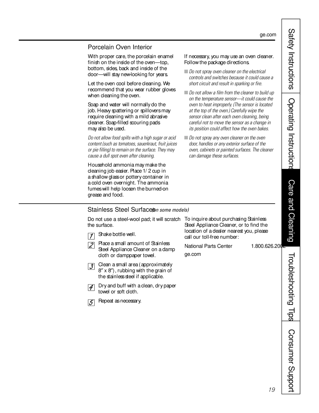 GE JBS55 Instructions Operating Instructions Care, Porcelain Oven Interior, Stainless Steel Surfaces on some models 