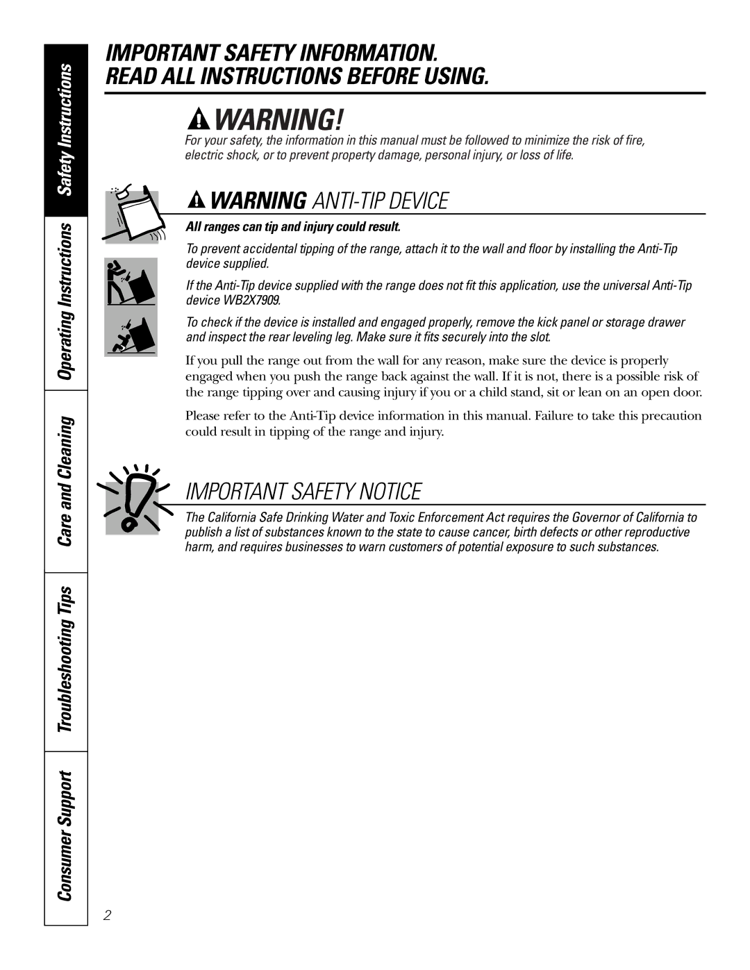 GE JBS55 owner manual Important Safety Notice, All ranges can tip and injury could result 