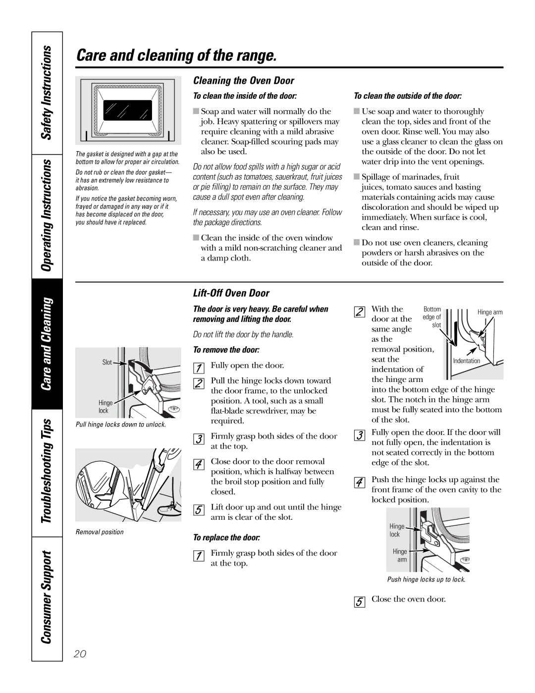 GE JBS55 Operating Instructions Safety, Consumer, Cleaning the Oven Door, Lift-Off Oven Door, Support Troubleshooting Tips 