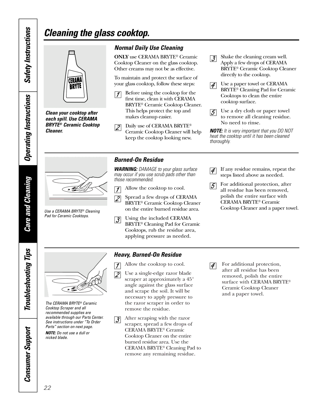 GE JBS55 Cleaning the glass cooktop, Consumer Support Troubleshooting Tips, Normal Daily Use Cleaning, Burned-On Residue 