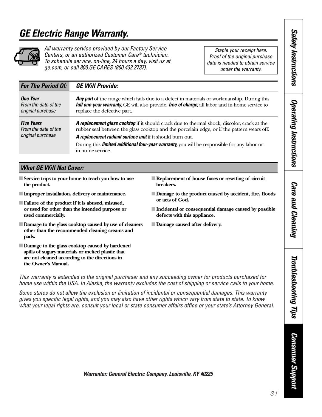 GE JBS55 GE Electric Range Warranty, Safety Instructions Operating Instructions, GE Will Provide, What GE Will Not Cover 