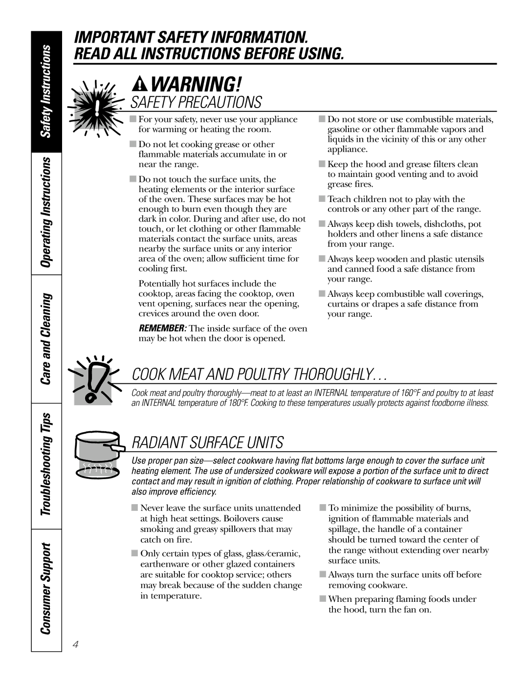 GE JBS55 owner manual Consumer Support, Cleaning Operating Instructions Safety 