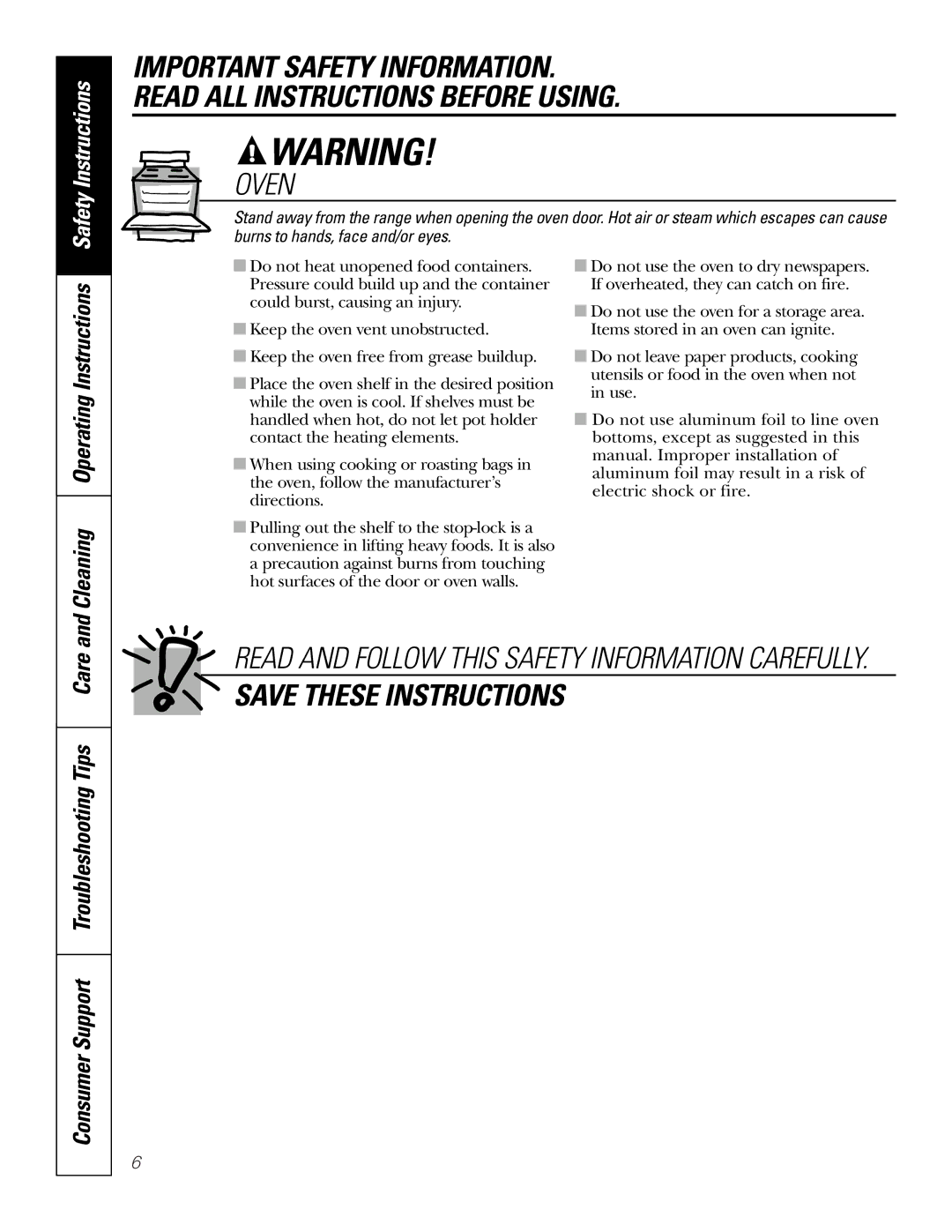 GE JBS55 owner manual Oven, Consumer Support Troubleshooting Tips Care 