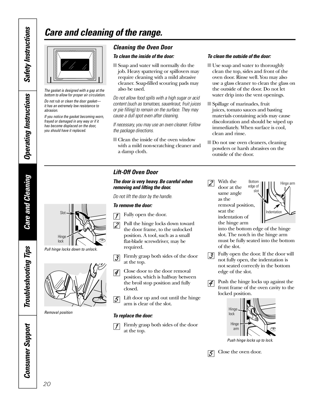 GE JBS55 Operating Instructions Safety, Consumer, Care and Cleaning, Cleaning the Oven Door, Lift-Off Oven Door 