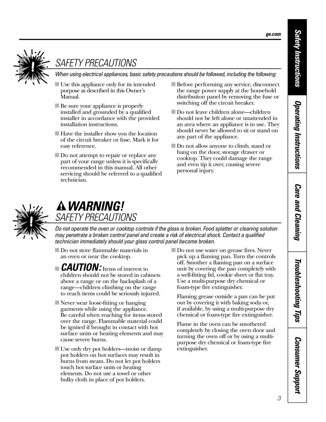 GE JBS55 owner manual Safety Precautions, Safety Instructions Operating Instructions Care and Cleaning 