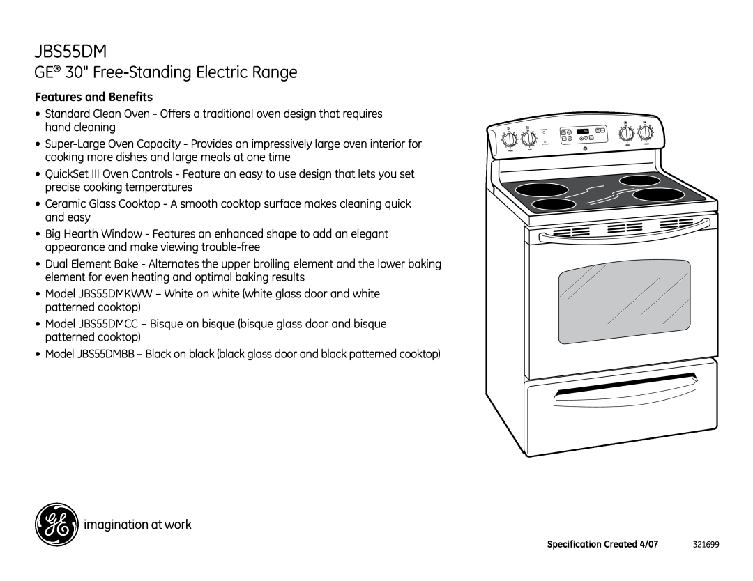 GE JBS55DMCC GE 30 Free-Standing Electric Range, Features and Benefits, Clock, Bake, Start, Clear, Oven, Broil, Light 