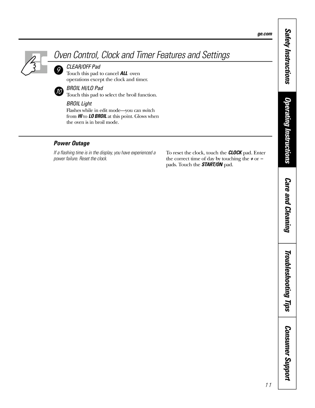 GE JBS55S owner manual Oven Control, Clock and Timer Features and Settings, Power Outage 