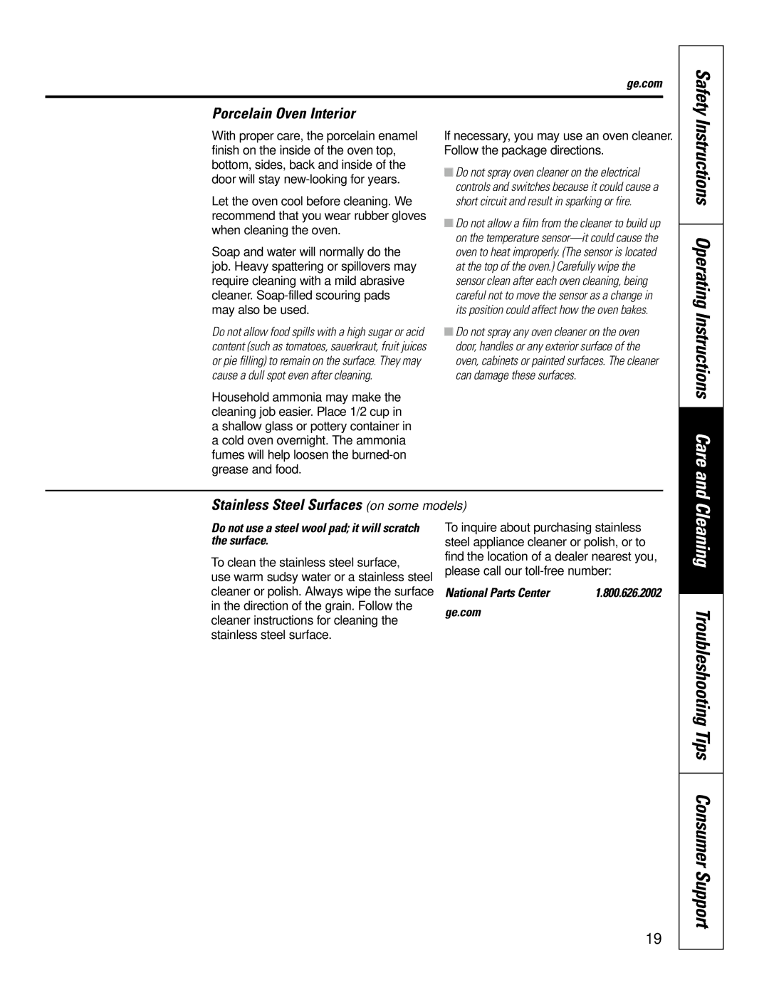 GE JBS55S Instructions Operating Instructions Care, Porcelain Oven Interior, Stainless Steel Surfaces on some models 