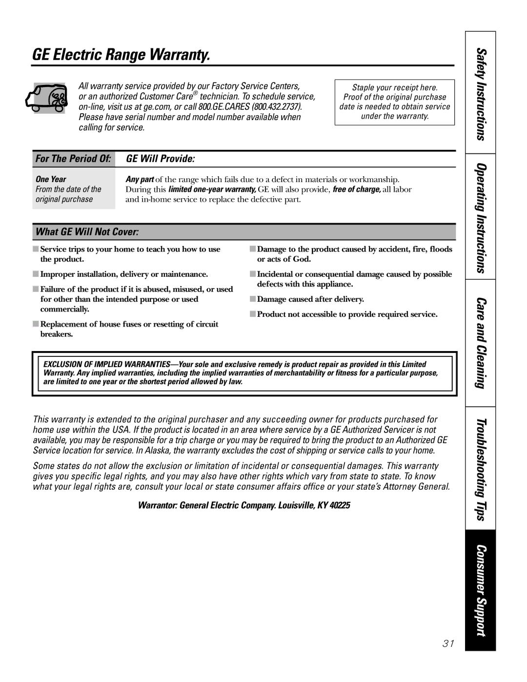 GE JBS55S owner manual GE Electric Range Warranty, Care, GE Will Provide, What GE Will Not Cover 