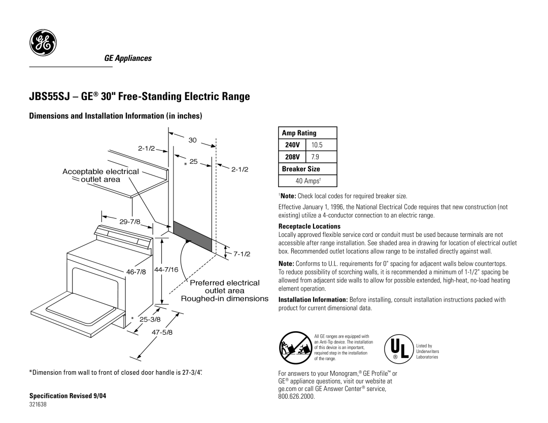 GE dimensions JBS55SJ GE 30 Free-Standing Electric Range, Dimensions and Installation Information in inches, Amp Rating 