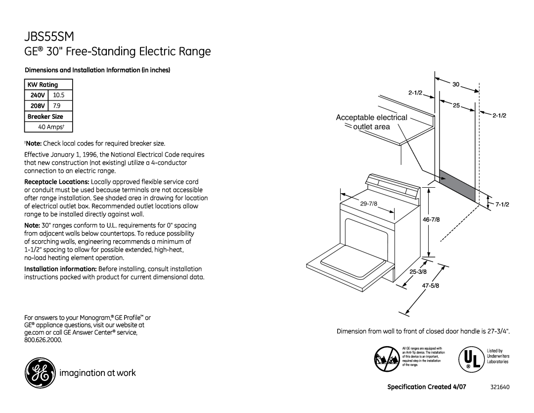 GE JBS55SMSS installation instructions GE 30 Free-Standing Electric Range, Acceptable electrical outlet area, 240V, 10.5 
