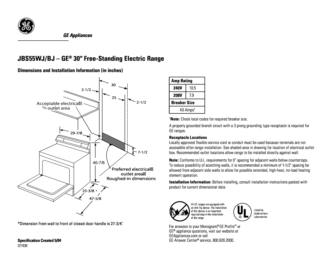 GE dimensions JBS55WJ/BJ - GE 30 Free-StandingElectric Range, GE Appliances, outlet area, Preferred electrical, 240V 