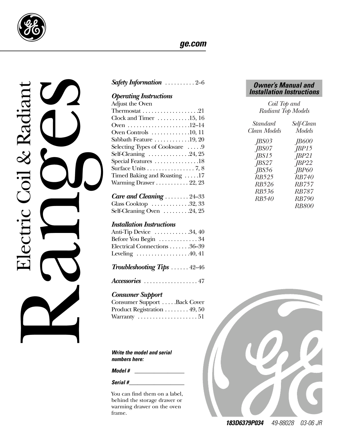 GE JBS27, JBS56, JBS03, JBS07 manual RangesElectric Coil & Radiant, Write the model and serial numbers here Model # Serial # 