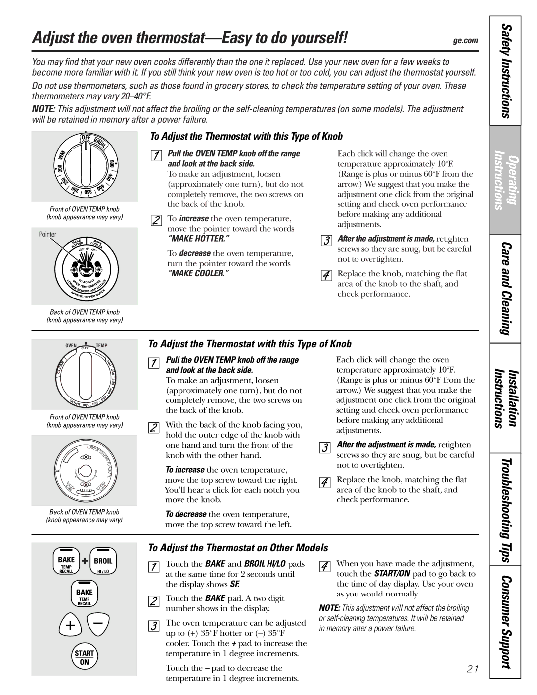 GE JB600, JBS56, JBS27 manual Adjust the oven thermostat-Easy to do yourself, To Adjust the Thermostat with this Type of Knob 