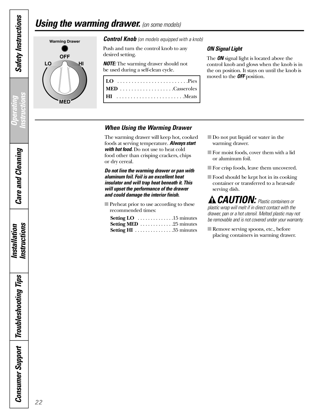 GE JBP22, JBS56, JBS27, JBS03, JBS07, JBS15, JBP15, JB600, RB536, RB740, RB526, RB525, RB540 Safety, When Using the Warming Drawer 