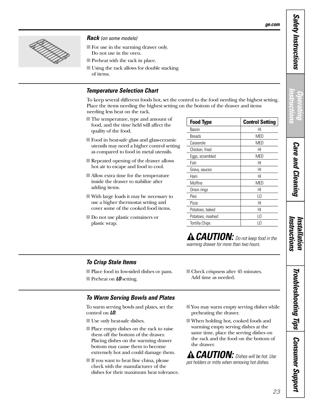 GE RB536, JBS56, JBS27, JBS03, JBS07, JBS15, JBP15, JB600 Temperature Selection Chart, To Crisp Stale Items, Rack on some models 