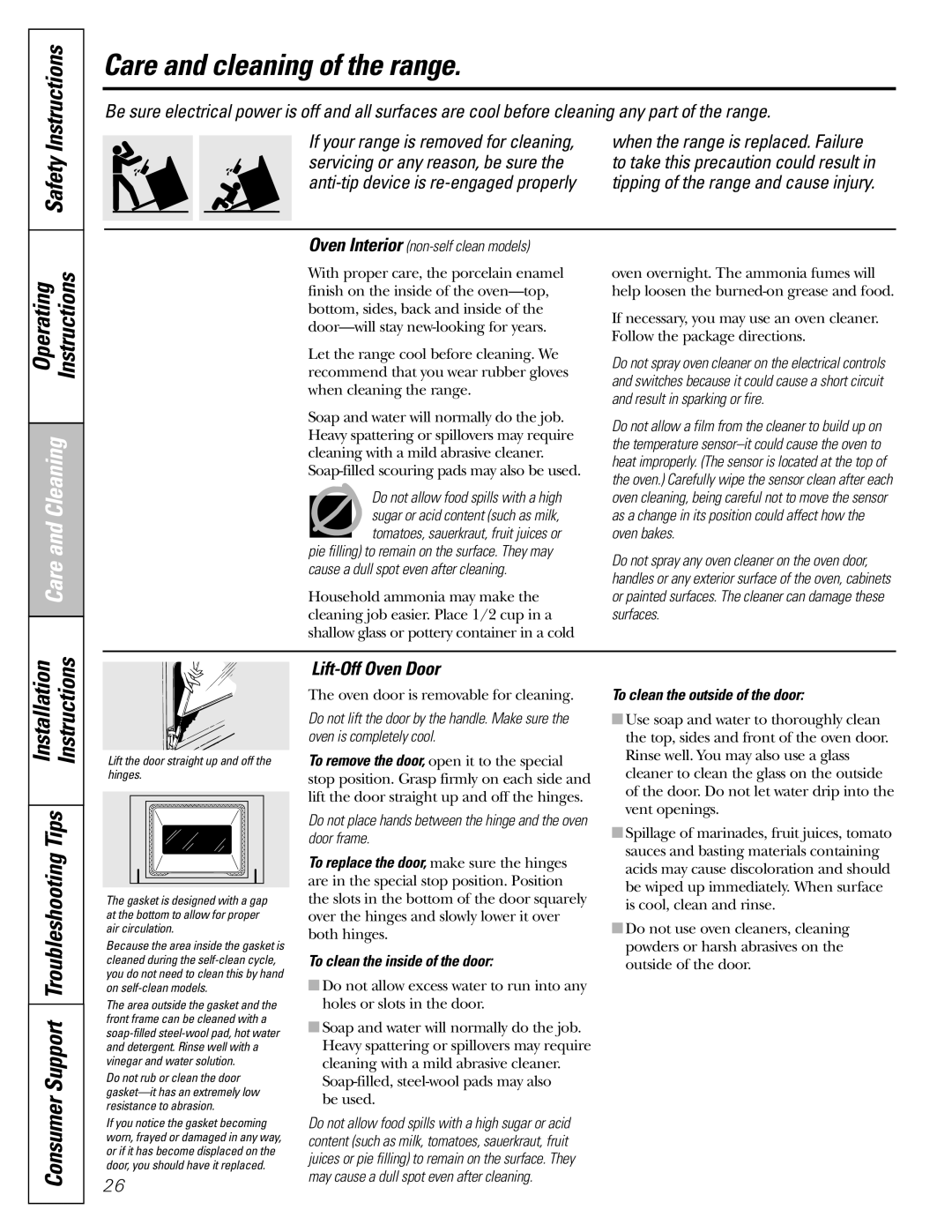 GE RB525, JBS56, JBS27, JBS03, JBS07 manual Care and cleaning of the range, Lift-Off Oven Door, To clean the inside of the door 