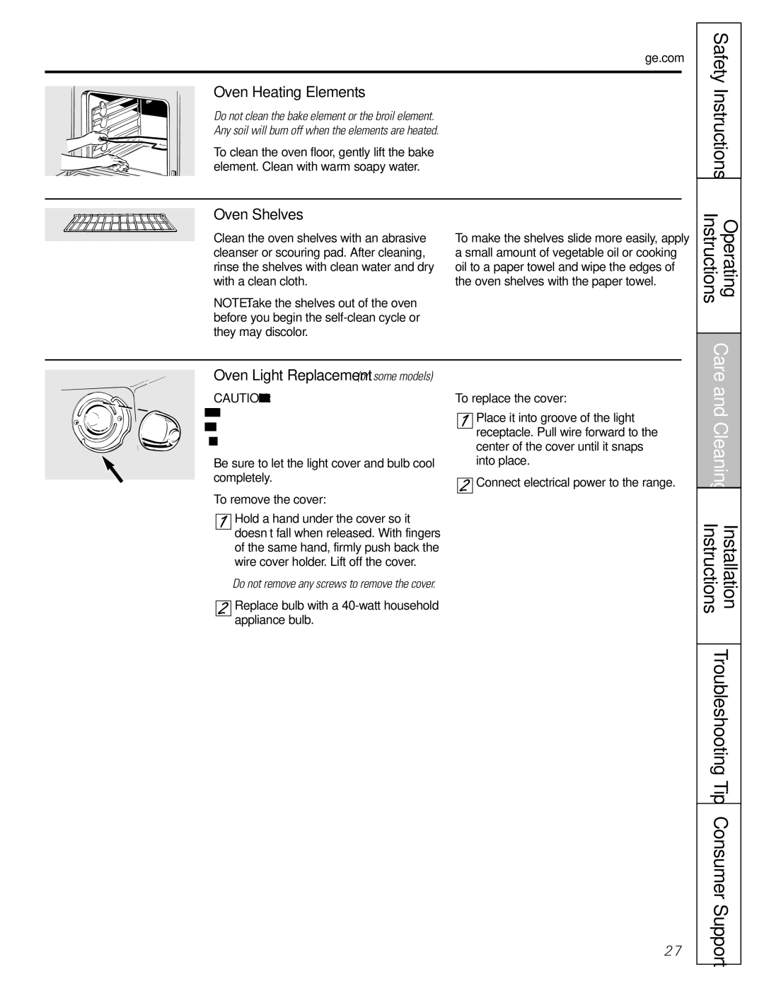 GE RB540, JBS56, JBS27 manual Oven Heating Elements, Oven Shelves, Oven Light Replacement on some models, To remove the cover 