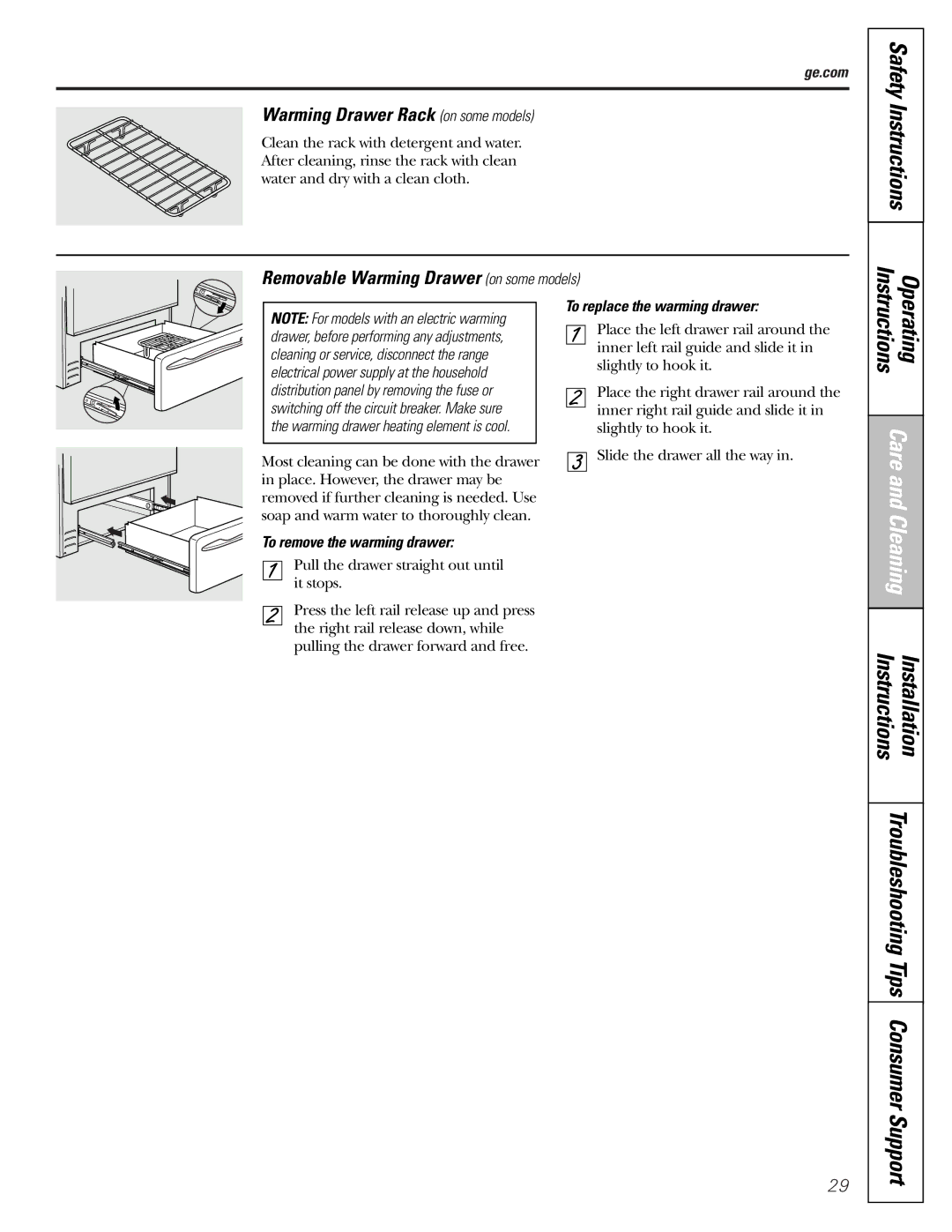 GE JBP60, JBS56 Warming Drawer Rack on some models, Removable Warming Drawer on some models, To replace the warming drawer 