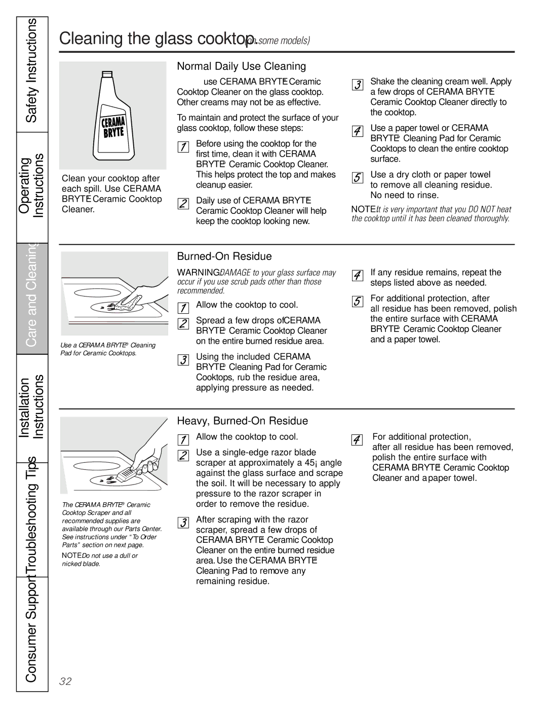 GE JBS03 Cleaning the glass cooktop. on some models, Operating Instructions, Normal Daily Use Cleaning, Burned-On Residue 