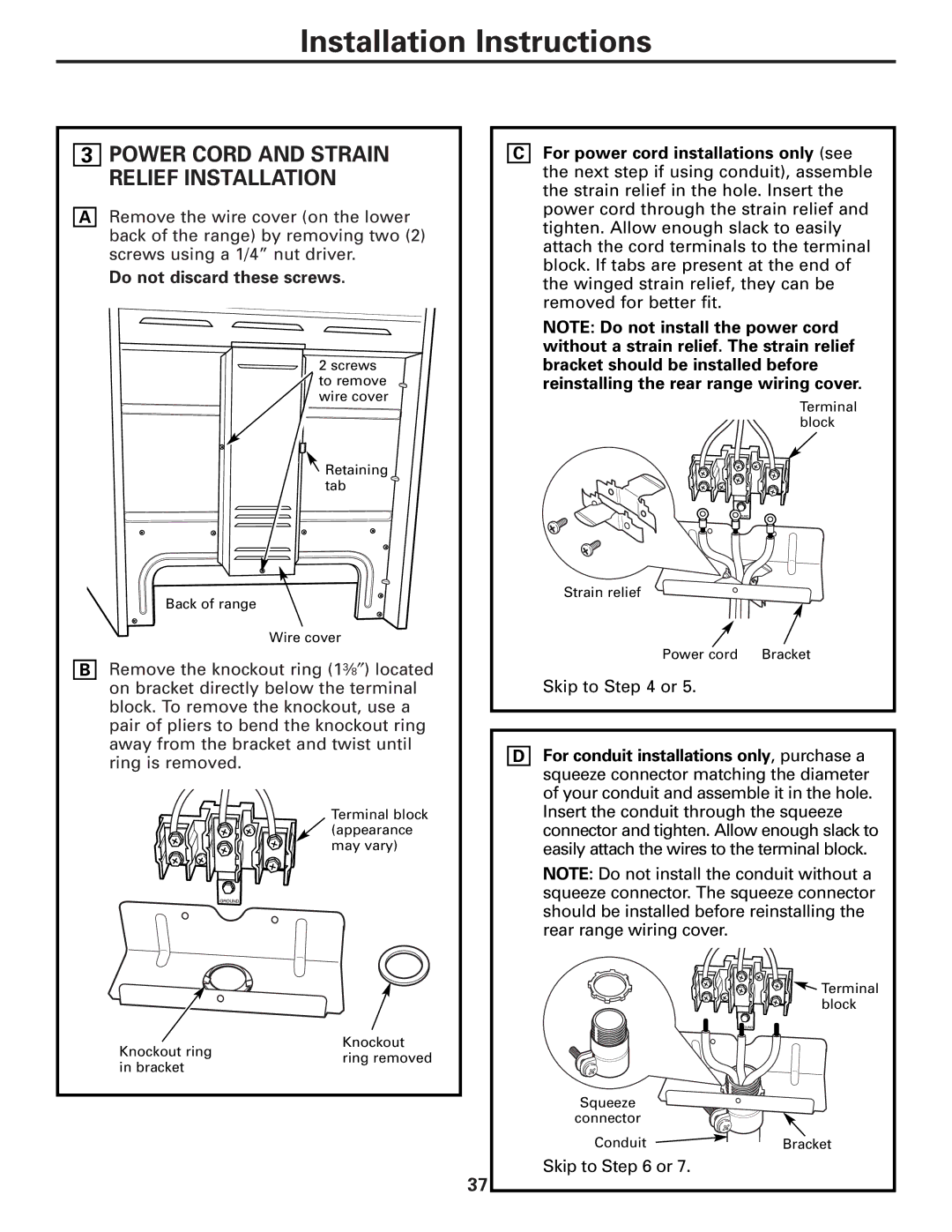 GE JBP22, JBS56, JBS27, JBS03, JBS07, JBS15, JBP15, JB600, RB536, RB740, RB526, RB525 manual Power Cord and Strain Relief Installation 