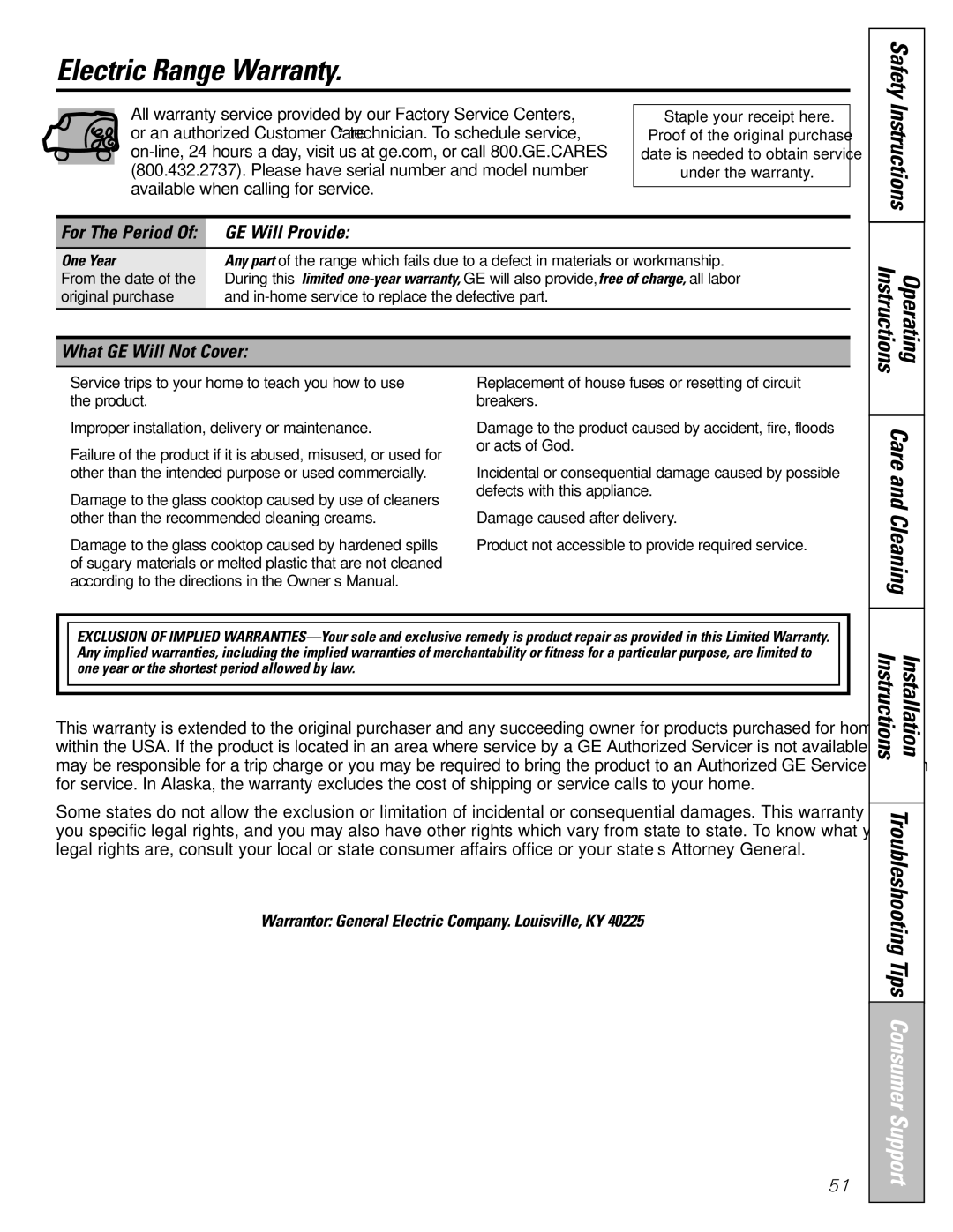 GE JB600, JBS56, JBS27, JBS03, JBS07, JBS15, JBP15 Electric Range Warranty, GE Will Provide, What GE Will Not Cover, One Year 