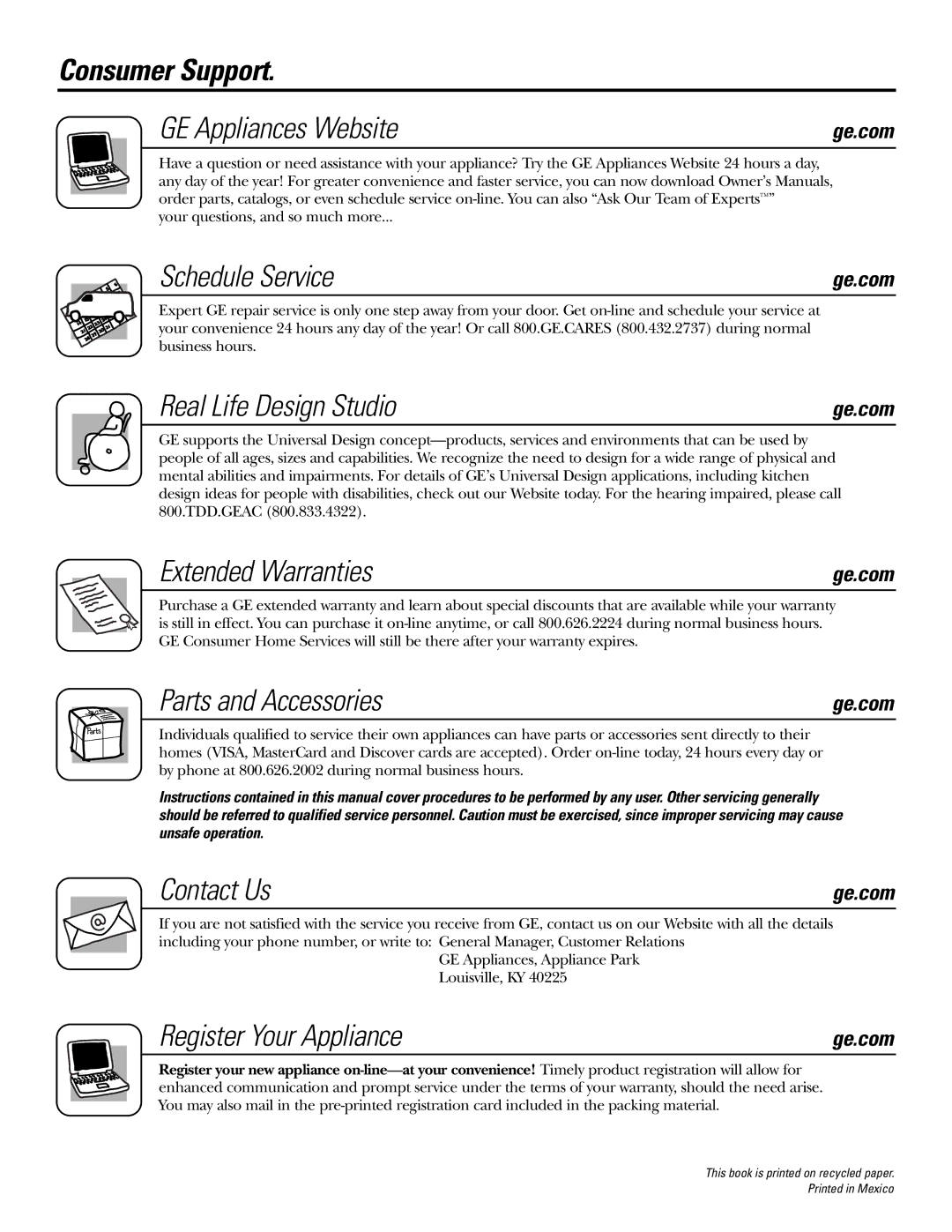 GE JBP22, JBS56 Consumer Support GE Appliances Website, Schedule Service, Real Life Design Studio, Extended Warranties 