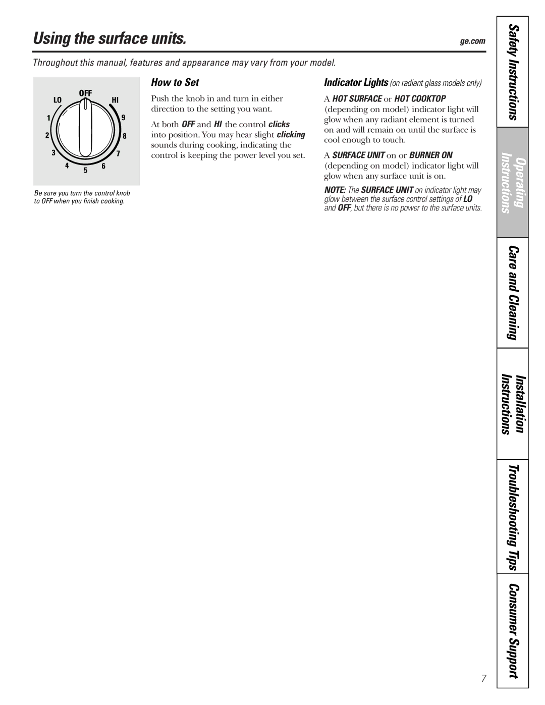 GE JBP22, JBS56, JBS27, JBS03, JBS07, JBS15, JBP15, JB600, RB536, RB740, RB526, RB525 Using the surface units, Safety, How to Set 